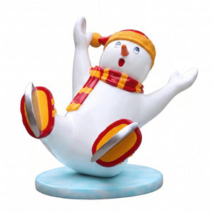 Heinimex Skating Snowman Family Boy Christmas decor, glossy painted finish with vibrant red and yellow accents, playful winter wonderland display style front view