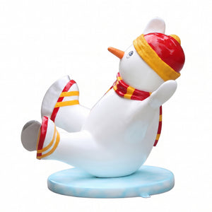 Heinimex Skating Snowman Family Boy Christmas decor, glossy painted finish with vibrant red and yellow accents, playful winter wonderland display style side view
