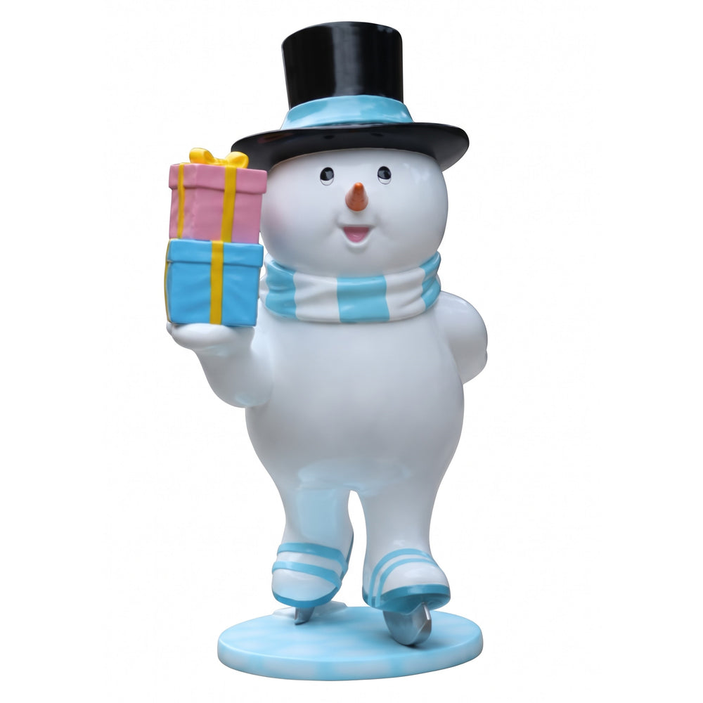 Heinimex Skating Snowman Family - Father Christmas decor, glossy painted finish with blue accents and colorful gifts, playful winter wonderland display style angle view