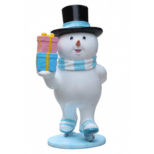 Heinimex Skating Snowman Family - Father Christmas decor, glossy painted finish with blue accents and colorful gifts, playful winter wonderland display style front view