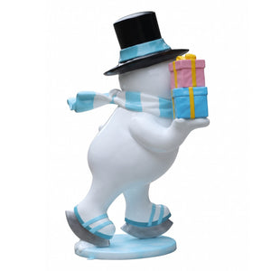 Heinimex Skating Snowman Family - Father Christmas decor, glossy painted finish with blue accents and colorful gifts, playful winter wonderland display style side view