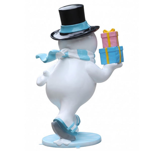 Heinimex Skating Snowman Family - Father Christmas decor, glossy painted finish with blue accents and colorful gifts, playful winter wonderland display style angle back view