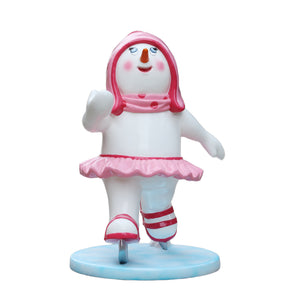 Heinimex Skating Snowman Family - Girl Christmas decor, glossy painted finish with pink accents and tutu, playful winter wonderland display style front view