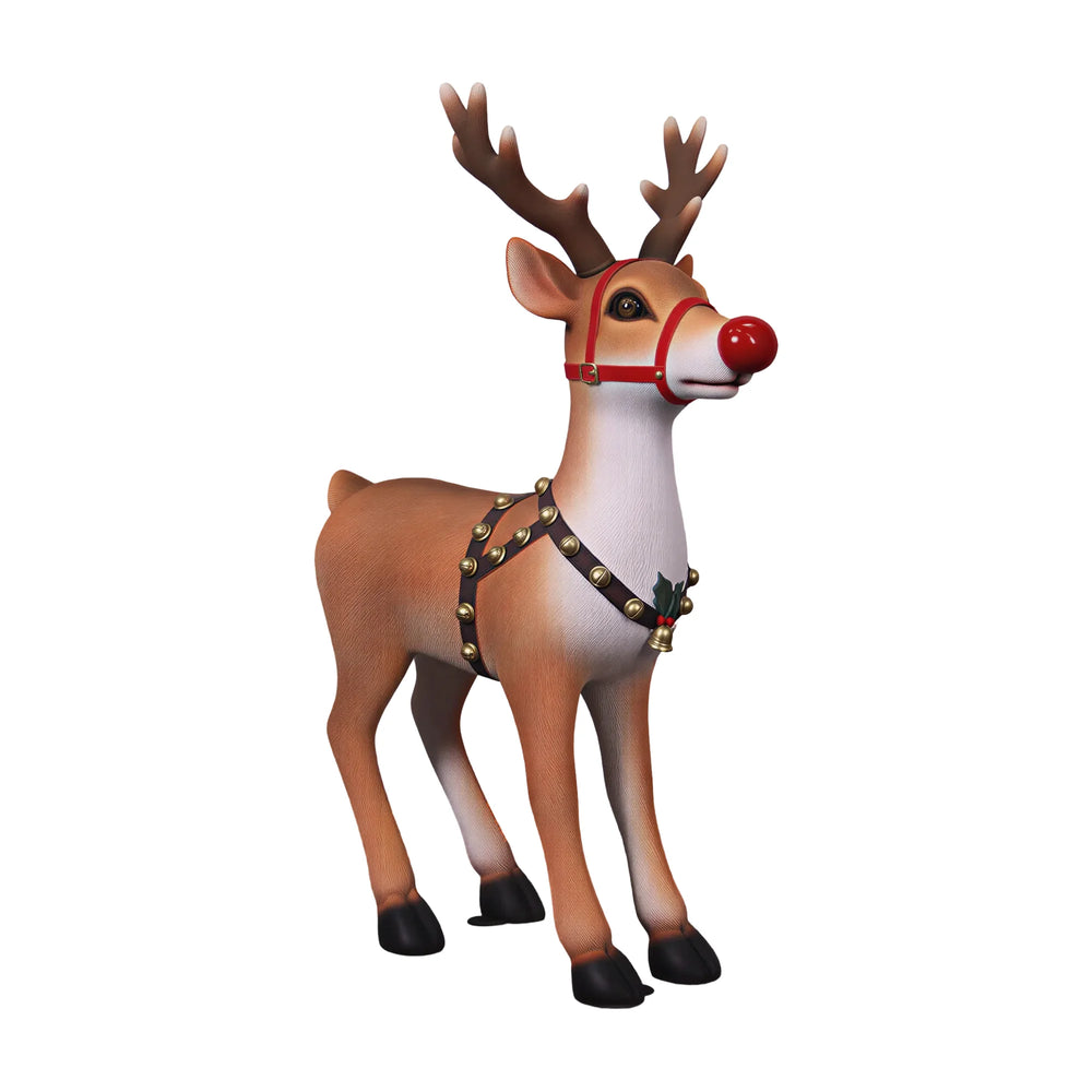 Heinimex Small Reindeer Christmas decor, realistic painted faux-fur finish with red nose and harness, classic luxury holiday display style angle view