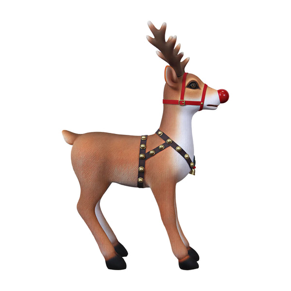 Heinimex Small Reindeer Christmas decor, realistic painted faux-fur finish with red nose and harness, classic luxury holiday display style side view