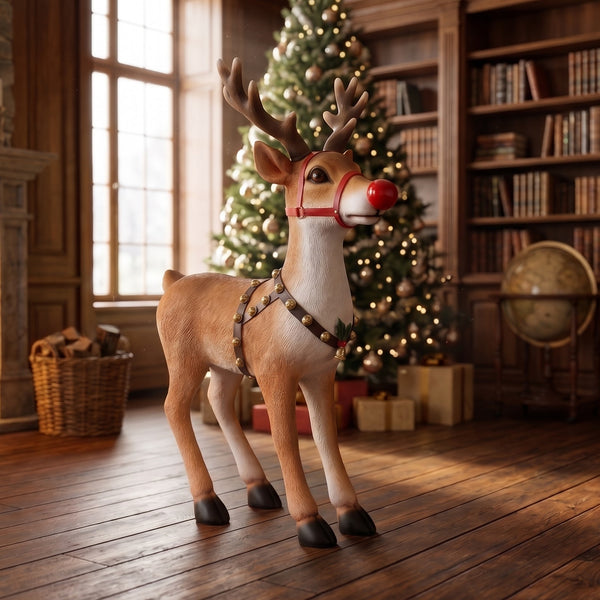 Heinimex Small Reindeer Christmas decor, realistic painted faux-fur finish with red nose and harness, classic luxury holiday display lifestyle photo