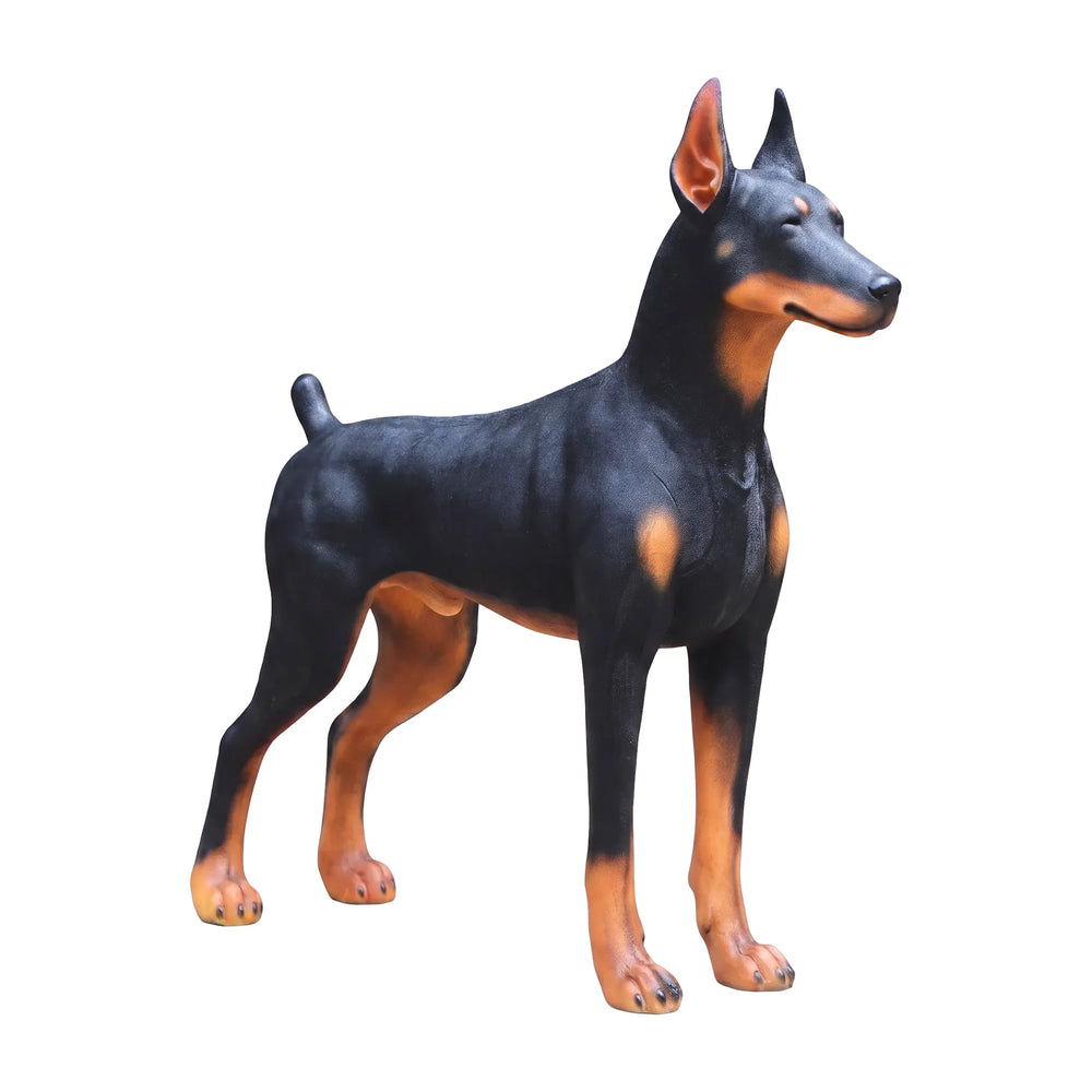 Heinimex Standing Doberman statue, realistic hand-painted black and rust finish, lifelike estate garden display style angle view