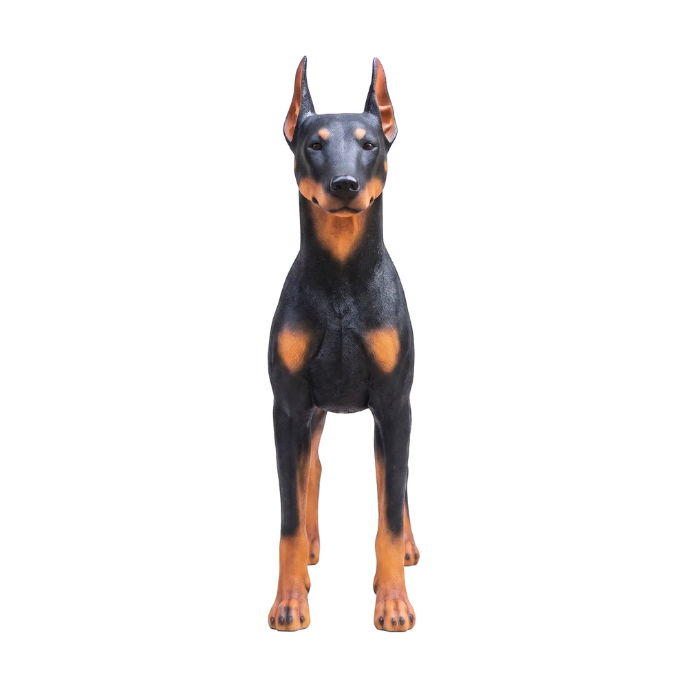 Heinimex Standing Doberman statue, realistic hand-painted black and rust finish, lifelike estate garden display style angle view