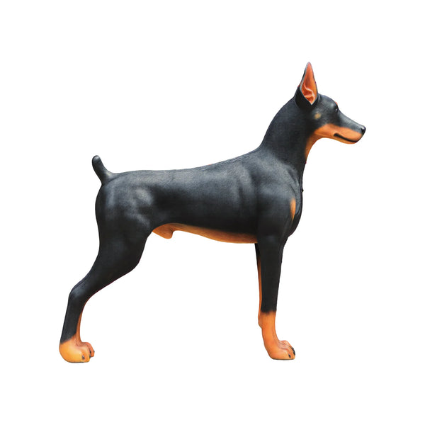 Heinimex Standing Doberman statue, realistic hand-painted black and rust finish, lifelike estate garden display style side view