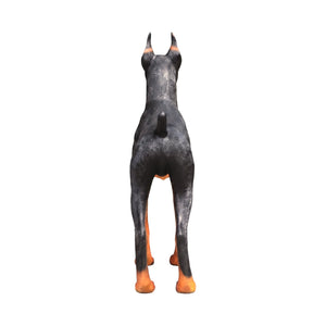 Heinimex Standing Doberman statue, realistic hand-painted black and rust finish, lifelike estate garden display style back view