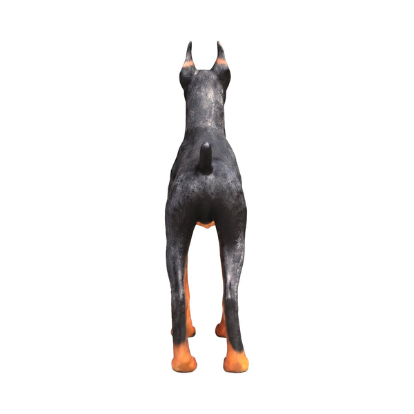 Heinimex Standing Doberman statue, realistic hand-painted black and rust finish, lifelike estate garden display style back view