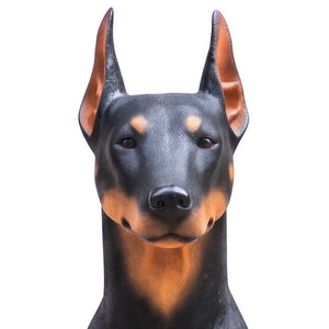 Heinimex Standing Doberman statue, realistic hand-painted black and rust finish, lifelike estate garden display style close up detail