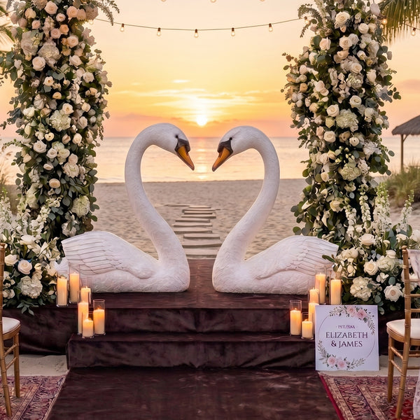 Heinimex Swan Amore event prop, textured white painted finish, romantic luxury wedding display lifestyle photo