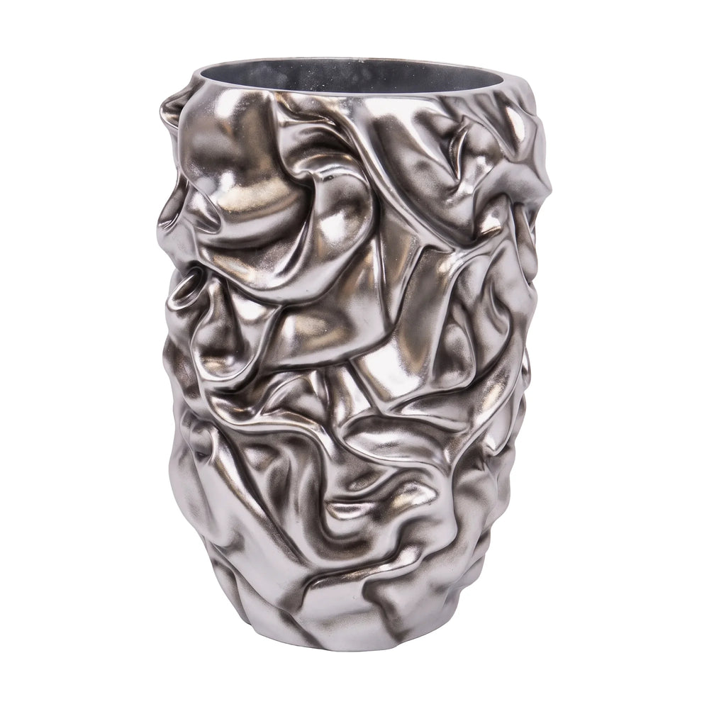 Heinimex Tela Planter Small commercial planter, crumpled metallic Silver Leaf finish, modern sculptural interior style front view