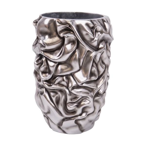 Heinimex Tela Planter Small commercial planter, crumpled metallic Silver Leaf finish, modern sculptural interior style front view