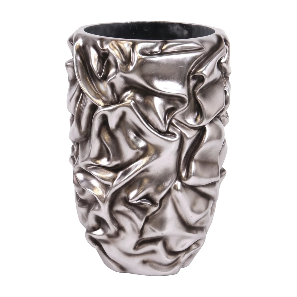 Heinimex Tela Planter Small commercial planter, crumpled metallic Silver Leaf finish, modern sculptural interior style front view