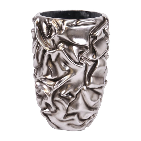 Heinimex Tela Planter Small commercial planter, crumpled metallic Silver Leaf finish, modern sculptural interior style top angle view