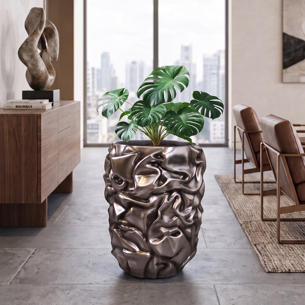 Heinimex Tela Planter Small commercial planter, crumpled metallic Silver Leaf finish, modern sculptural interior lifestyle photo