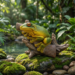 Decorative sculpture of a bright green and yellow tree frog with large orange eyes clinging to a textured brown branch.