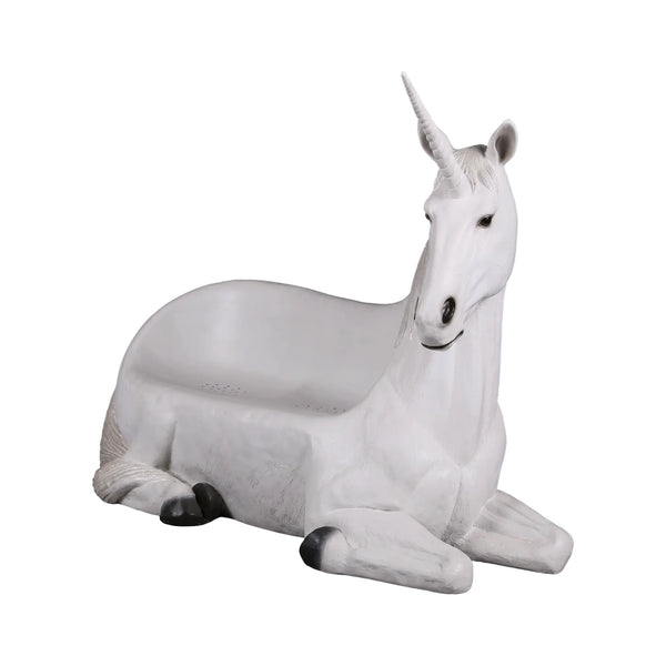 Functional and decorative white unicorn bench featuring a contoured seating area, a textured silver-grey mane, and a resting pose.