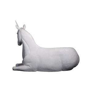 Functional and decorative white unicorn bench featuring a contoured seating area, a textured silver-grey mane, and a resting pose.