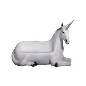 Functional and decorative white unicorn bench featuring a contoured seating area, a textured silver-grey mane, and a resting pose.