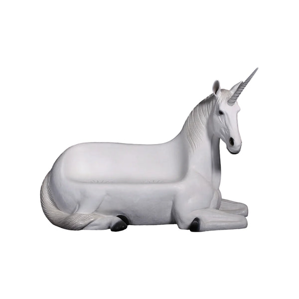 Functional and decorative white unicorn bench featuring a contoured seating area, a textured silver-grey mane, and a resting pose.