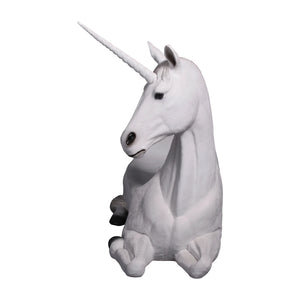 Functional and decorative white unicorn bench featuring a contoured seating area, a textured silver-grey mane, and a resting pose.