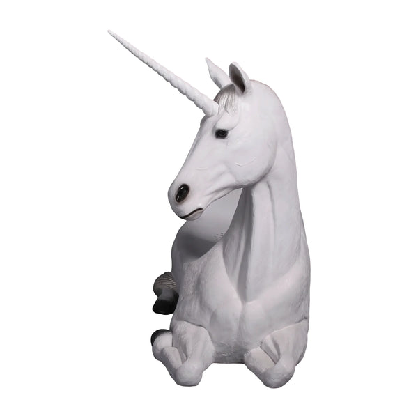 Functional and decorative white unicorn bench featuring a contoured seating area, a textured silver-grey mane, and a resting pose.