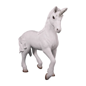 Decorative statue of a small white unicorn featuring a sculpted mane, a spiraled horn, and a gentle prancing pose.