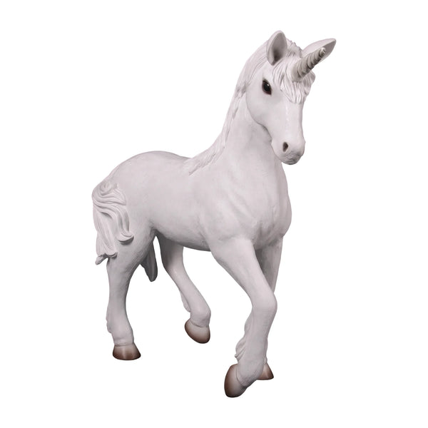 Decorative statue of a small white unicorn featuring a sculpted mane, a spiraled horn, and a gentle prancing pose.