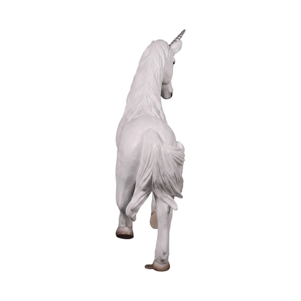 Decorative statue of a small white unicorn featuring a sculpted mane, a spiraled horn, and a gentle prancing pose.