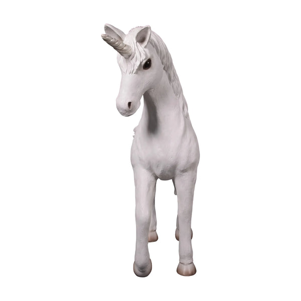 Decorative statue of a small white unicorn featuring a sculpted mane, a spiraled horn, and a gentle prancing pose.