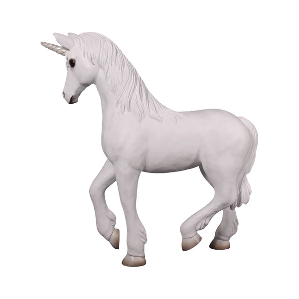Decorative statue of a small white unicorn featuring a sculpted mane, a spiraled horn, and a gentle prancing pose.