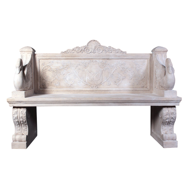 Decorative light stone-colored bench featuring sculpted swans on the armrests, an intricate floral and crest relief on the backrest, and thick scrolled pedestal legs.