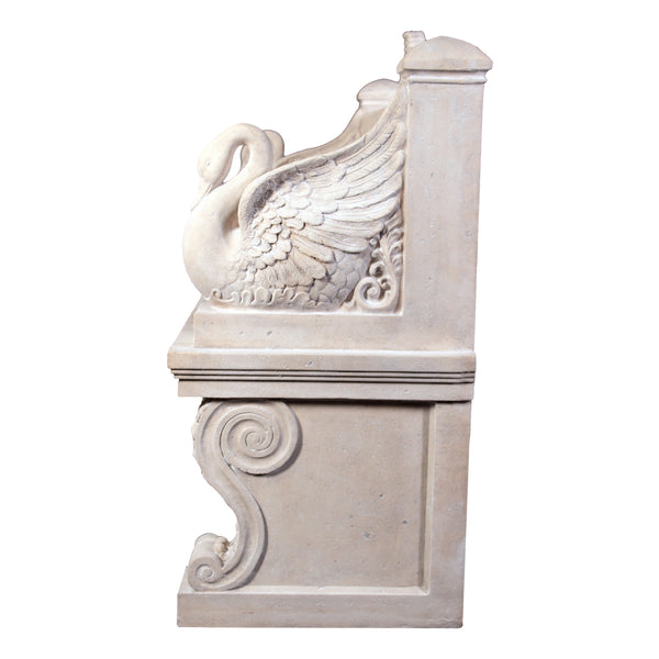 Decorative light stone-colored bench featuring sculpted swans on the armrests, an intricate floral and crest relief on the backrest, and thick scrolled pedestal legs.