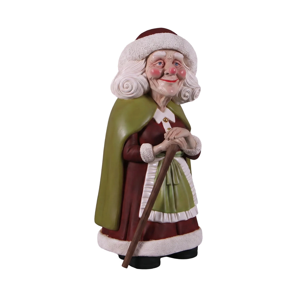 Heinimex Vintage Mrs. Santa 4ft w/ Cane Christmas decor, realistic painted finish with textured trim, classic nostalgic holiday display style angle view