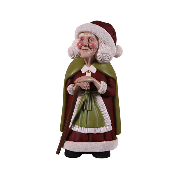 Heinimex Vintage Mrs. Santa 4ft w/ Cane Christmas decor, realistic painted finish with textured trim, classic nostalgic holiday display style front view