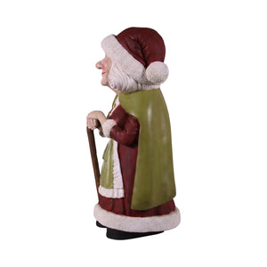Heinimex Vintage Mrs. Santa 4ft w/ Cane Christmas decor, realistic painted finish with textured trim, classic nostalgic holiday display style side view