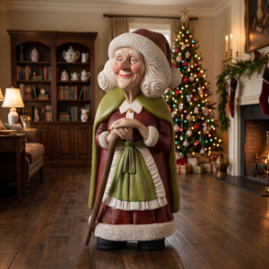 Heinimex Vintage Mrs. Santa 4ft w/ Cane Christmas decor, realistic painted finish with textured trim, classic nostalgic holiday display lifestyle photo