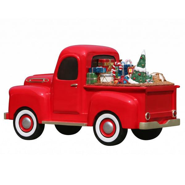Heinimex Vintage Pickup with Christmas Gifts Christmas decor, glossy red painted finish with metallic accents and loaded gift bed, nostalgic commercial holiday display style angle back view