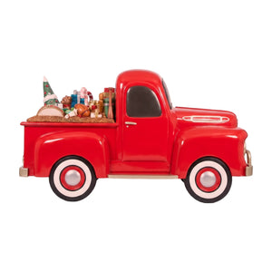 Heinimex Vintage Pickup with Christmas Gifts Christmas decor, glossy red painted finish with metallic accents and loaded gift bed, nostalgic commercial holiday display style left side view