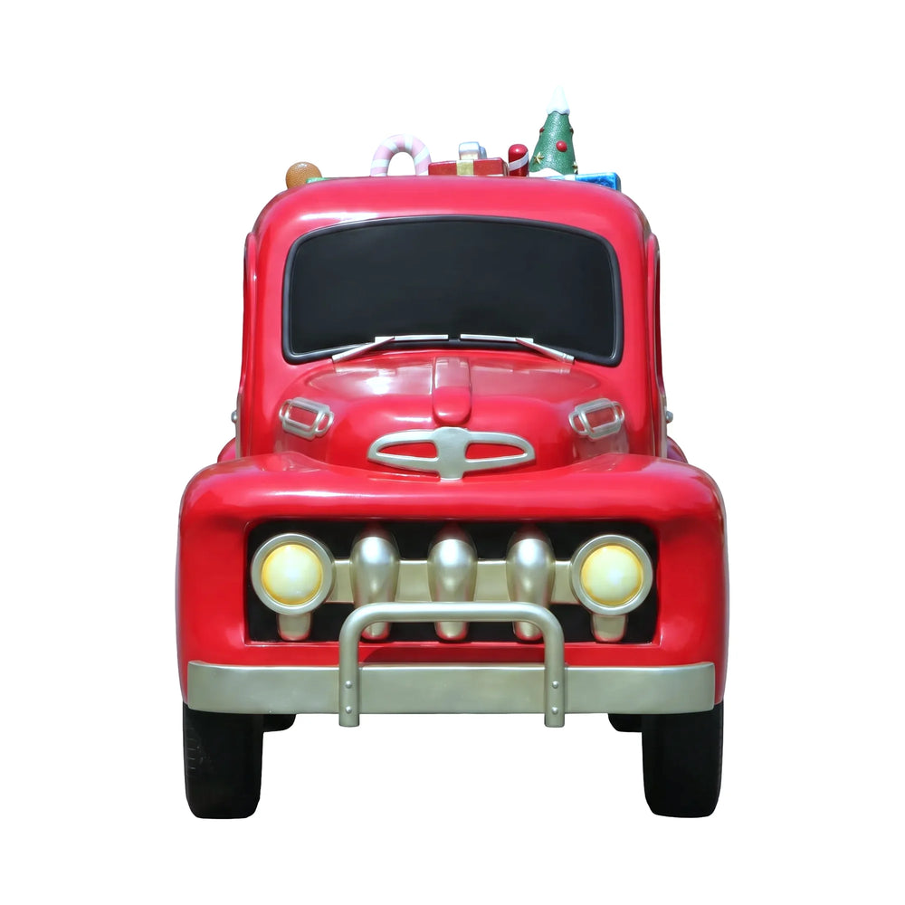 Heinimex Vintage Pickup with Christmas Gifts Christmas decor, glossy red painted finish with metallic accents and loaded gift bed, nostalgic commercial holiday display styleangle view