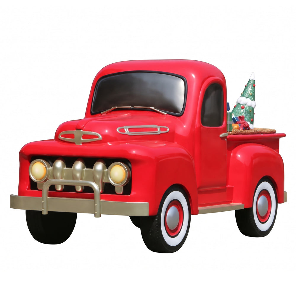 Heinimex Vintage Pickup with Christmas Gifts Christmas decor, glossy red painted finish with metallic accents and loaded gift bed, nostalgic commercial holiday display styleangle view