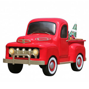 Heinimex Vintage Pickup with Christmas Gifts Christmas decor, glossy red painted finish with metallic accents and loaded gift bed, nostalgic commercial holiday display styleangle view