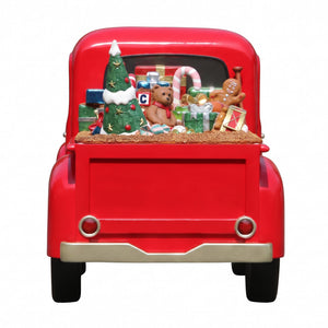 Heinimex Vintage Pickup with Christmas Gifts Christmas decor, glossy red painted finish with metallic accents and loaded gift bed, nostalgic commercial holiday display style back view