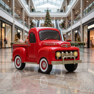 Heinimex Vintage Pickup with Christmas Gifts Christmas decor, glossy red painted finish with metallic accents and loaded gift bed, nostalgic commercial holiday display lifestye photo