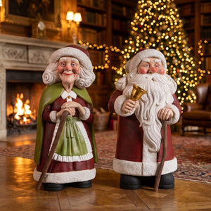 Heinimex Vintage Santa and Mrs. Santa 4ft w/ Cane Christmas decor, realistic painted finish with textured trim, classic nostalgic holiday display lifestyle photo.