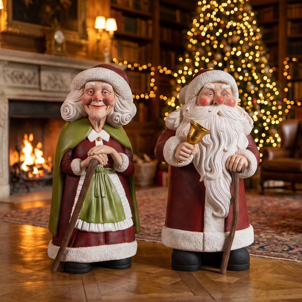 Heinimex Vintage Santa and Mrs. Santa 4ft w/ Cane Christmas decor, realistic painted finish with textured trim, classic nostalgic holiday display lifestyle photo.