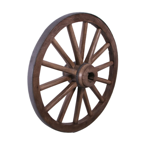 Decorative 38-inch wagon wheel sculpture featuring a brown wood-like finish, a thick central hub, and a dark outer rim.